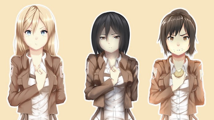 Historia Reiss, Mikasa Ackerman, and Sasha Braus from Attack on Titan