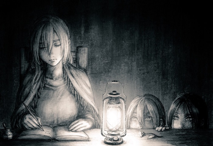 Historia Reiss writing by lantern light
