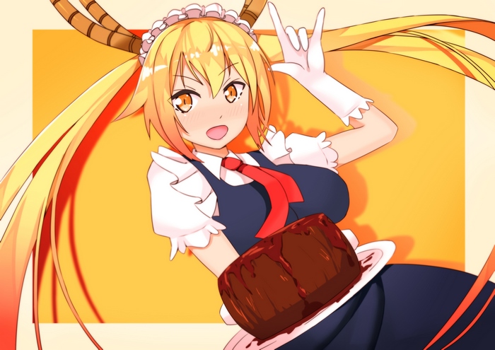 Tohru from Miss Kobayashi's Dragon Maid holding a chocolate cake