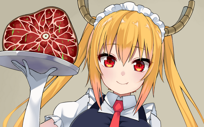 Tohru from Miss Kobayashi's Dragon Maid holding a steak