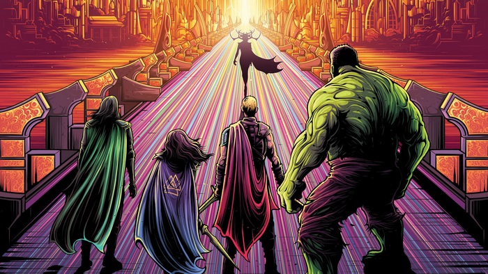 Thor: Ragnarok Loki, Thor, Hulk, and Hela