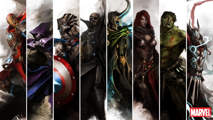 Marvel Characters: Iron Man, Captain America, Nick Fury, Loki, Hulk, Thor