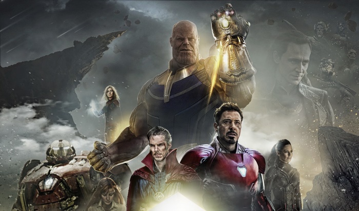Thanos from Avengers: Infinity War with Iron Man, Doctor Strange, Captain Marvel, and Loki
