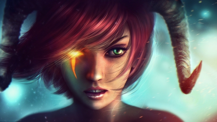 Demon girl with red hair and horns