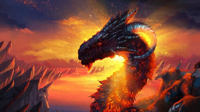 Fiery Dragon in a Rocky Sunset Landscape