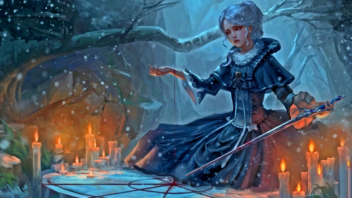 Woman in dark dress with sword and candles