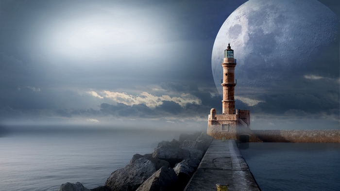 Fantasy lighthouse on a pier with a large moon