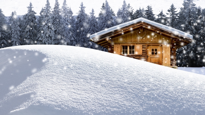 Wooden cabin in a snowy forest during snowfall