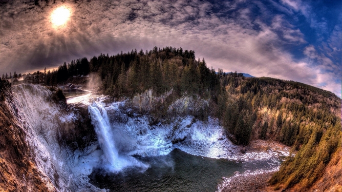 Waterfall in a forest with cloudy sky