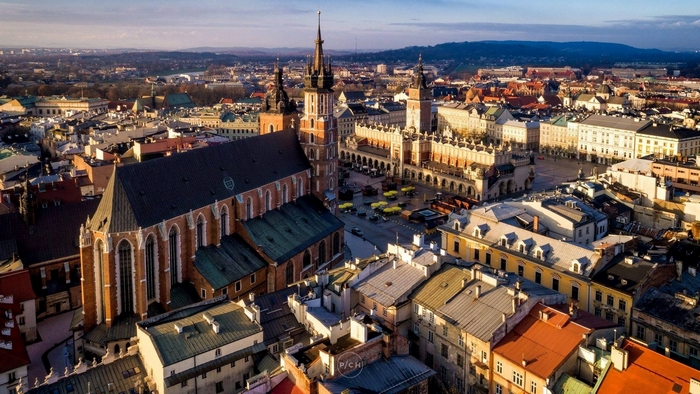 Aerial view of Krakow Market Square with St. Mary's Basilica