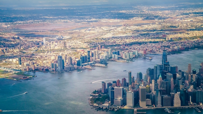 Aerial view of New Jersey and New York City skylines