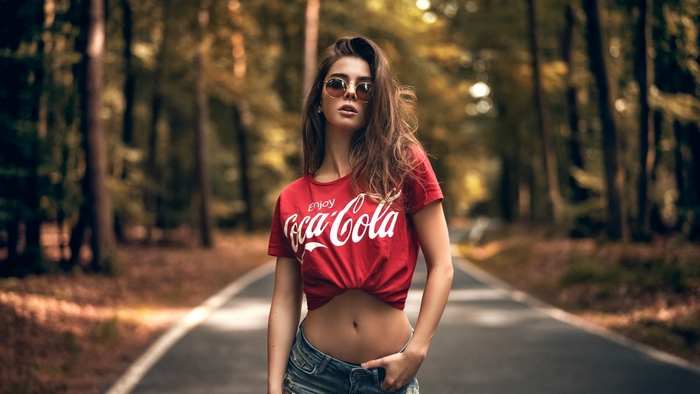 Brunette Model in Coca Cola Tee and Shorts