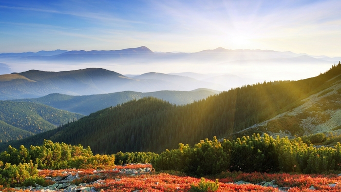 Mountain range with sunbeams and autumn foliage