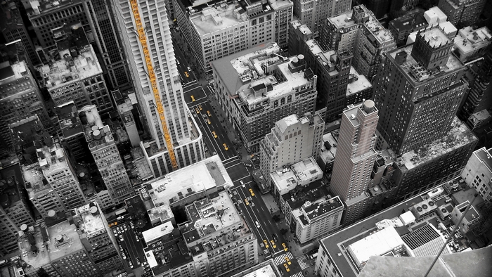 Aerial view of New York City skyscrapers and streets