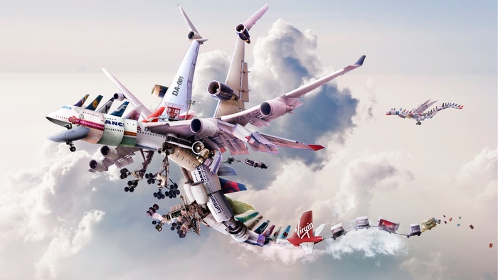 Surreal airplane dragon in the sky