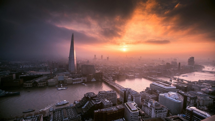 London skyline at sunset with The Shard