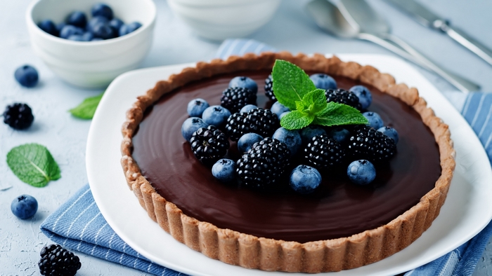 Chocolate tart with blueberries and blackberries