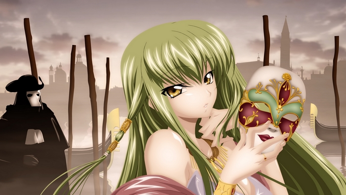C.C. from Code Geass holding a Venetian mask