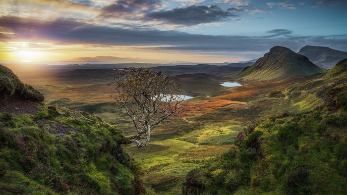 Sunrise over a mountainous landscape with a lone tree