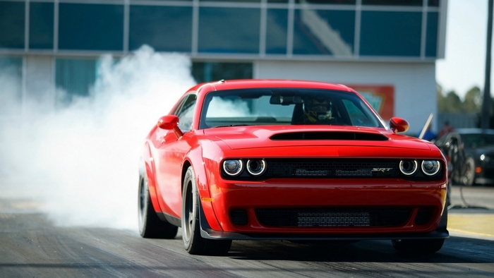 Red Dodge Challenger Demon Burnout Action