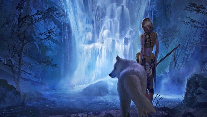 Girl and Wolf by Mystical Waterfall