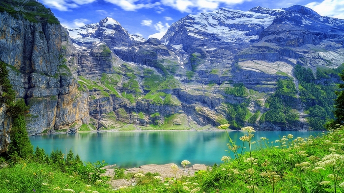 Lake Oeschinen in the Bernese Alps, Switzerland