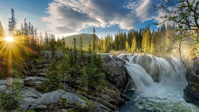 Waterfall in a forest with sun rays
