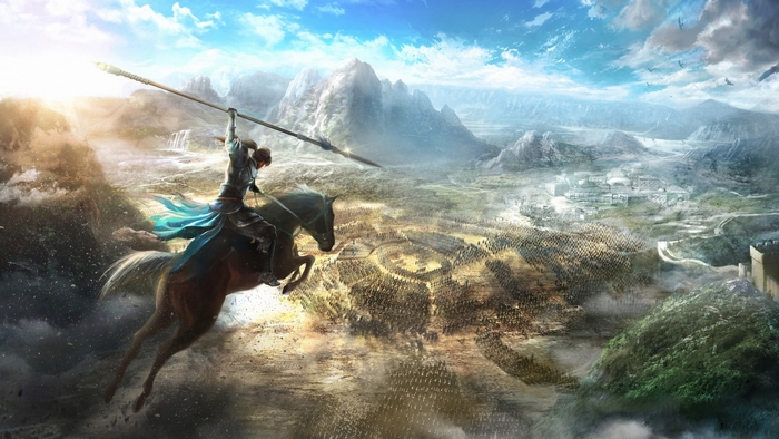 Man on horse with spear overlooking a battlefield and city