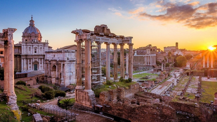 Roman Forum ruins at sunset, Rome, Italy