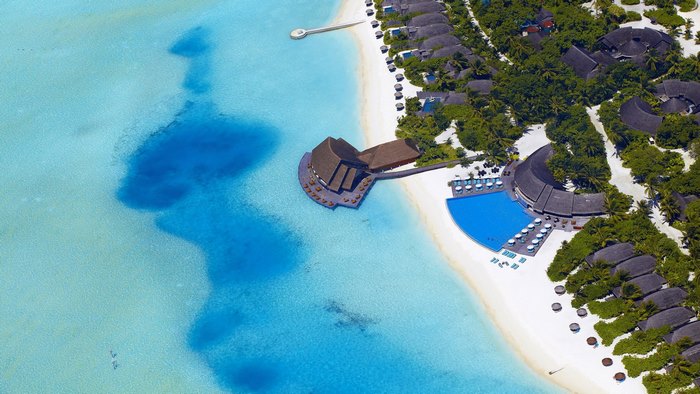 Aerial view of a tropical resort in the Maldives