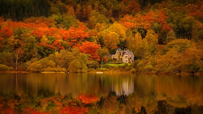 Autumn Forest with Cozy Lakeside House Reflection