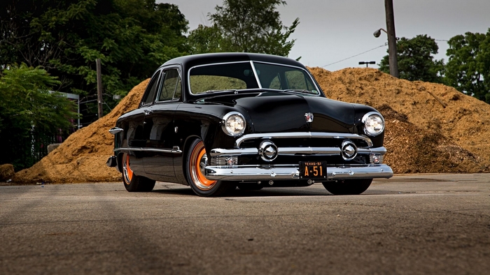 Black 1950 Ford Coupe with Orange Wheels