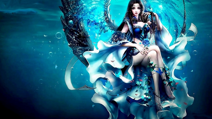 Fantasy girl with blue wings underwater
