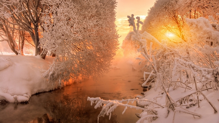 Winter Sunset Over Snowy Forest River