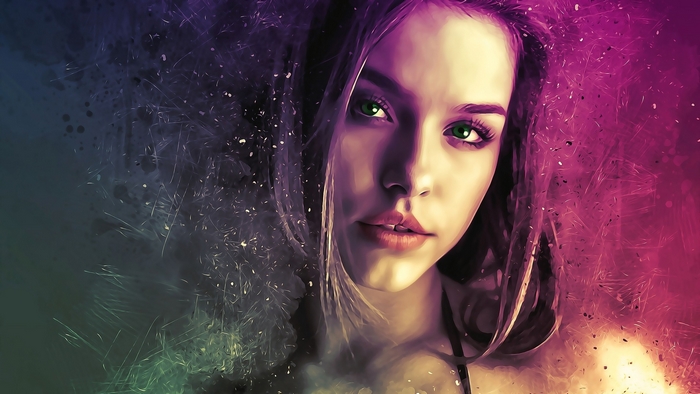 Woman with green eyes and colorful abstract background