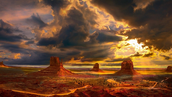 Monument Valley at sunset with dramatic clouds