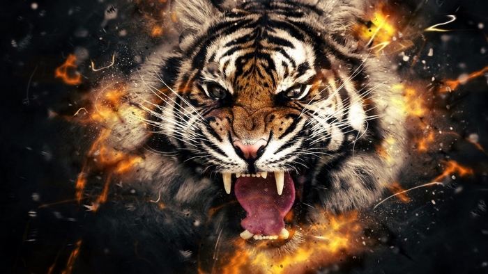 Tiger roaring with fire and sparks