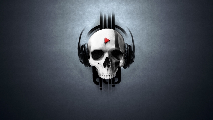 Skull Wearing Headphones with Play Button