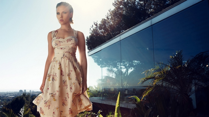 Scarlett Johansson in a floral dress outdoors