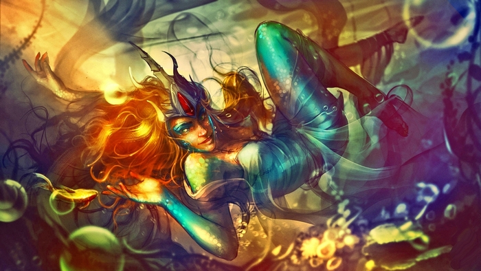 Fantasy redhead woman with fish and bubbles