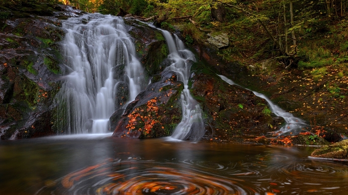 Waterfall cascading over mossy rocks in a forest