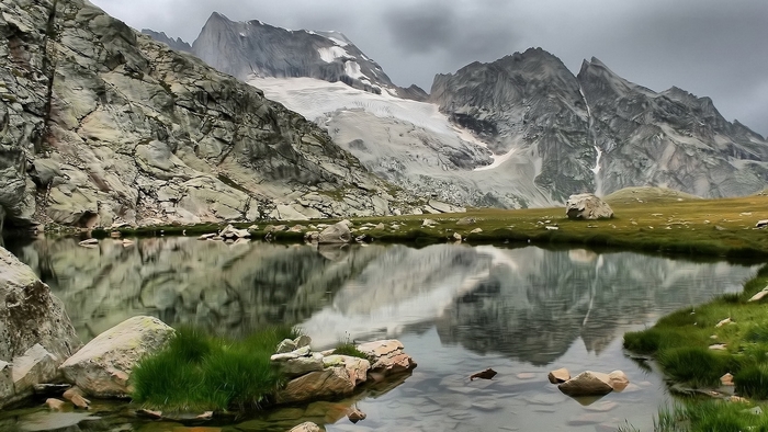 Mountain lake with glacier and rocky peaks
