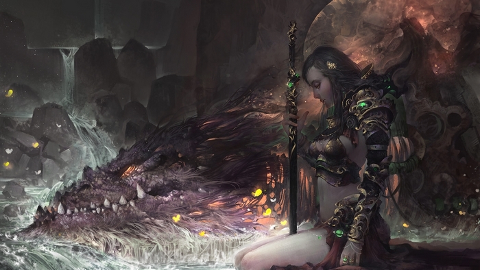 Fantasy woman with dragon in a cave with fireflies