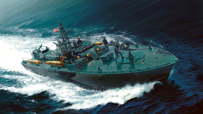PT boat with crew in rough seas