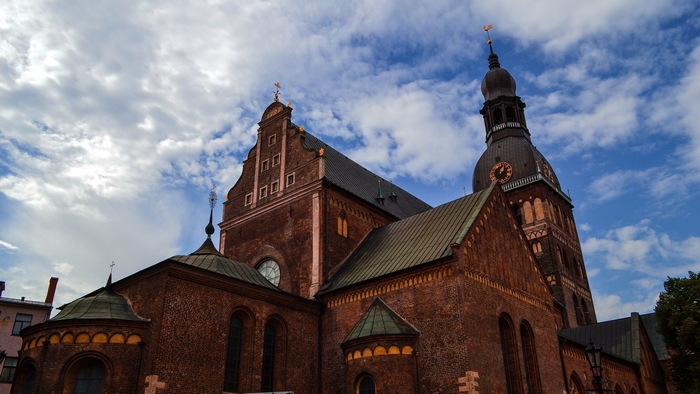 Riga Cathedral in Latvia under a cloudy sky
