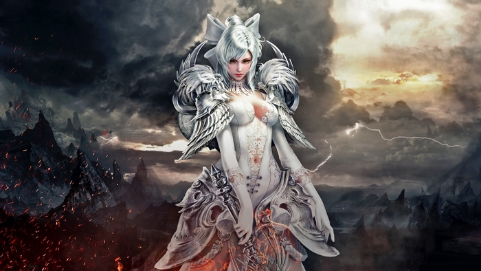 Fantasy warrior woman with white armor and sword