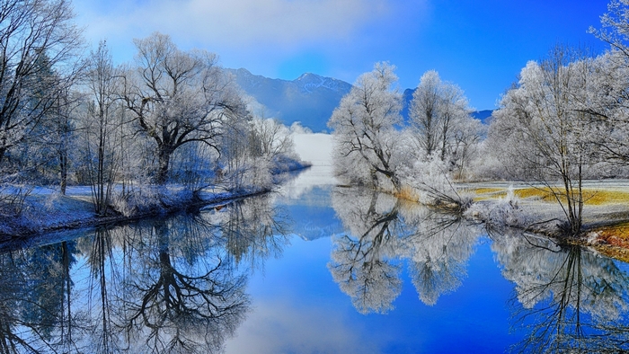 Winter Creek with Frosted Trees and Mountain View