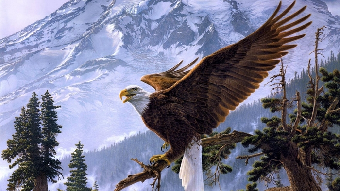 Majestic Eagle with Mountains and Trees