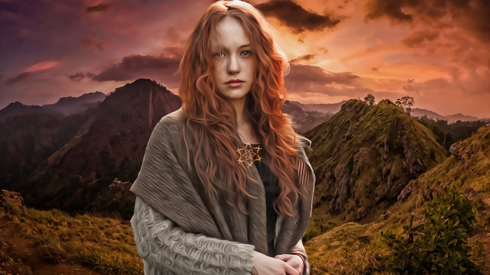 Redhead Woman in Autumn Mountains at Sunset