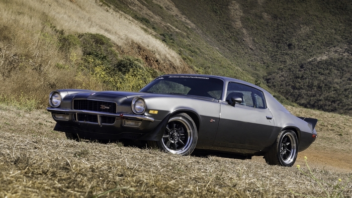 Chevrolet Camaro Z28 on a grassy hillside